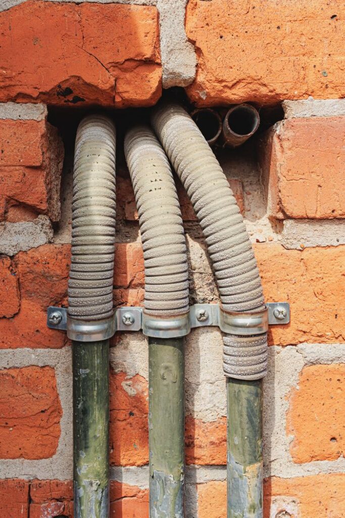 Three industrial hoses attached to an exposed red brick wall, showing weathered textures.